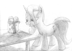 Size: 1600x1136 | Tagged: safe, artist:rnghat, imported from derpibooru, trixie, pony, unicorn, female, grayscale, mare, monochrome, pencil drawing, present, solo, traditional art