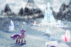 Size: 1280x854 | Tagged: safe, artist:littletigressda, imported from derpibooru, sunny starscout, earth pony, pony, fanfic:forgotten, cover art, crystal empire, fanfic, fanfic art, fanfic cover, g5, my little pony: a new generation, scenery, snow, snowfall, solo