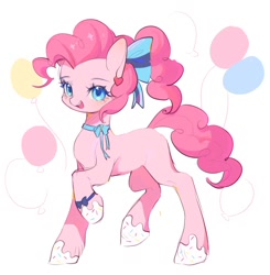 Size: 1002x1024 | Tagged: safe, artist:leafywind, imported from derpibooru, pinkie pie, earth pony, pony, alternate hairstyle, balloon, bow, colored pupils, cute, diapinkes, female, food, frosting, hair bow, heart, mare, missing cutie mark, neck bow, open mouth, ponytail, simple background, solo, white background