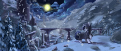 Size: 1600x670 | Tagged: safe, artist:tinybenz, imported from derpibooru, oc, oc only, pony, unicorn, bridle, castle, cloak, clothes, cloud, deviantart watermark, looking back, moon, night, obtrusive watermark, raised hoof, river, ruins, scenery, snow, snowfall, solo, tack, tree, watermark