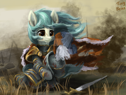 Size: 1600x1200 | Tagged: safe, artist:tinybenz, imported from derpibooru, oc, oc only, pony, armor, battlefield, bruised, cape, clothes, crying, deviantart watermark, helmet, obtrusive watermark, sitting, smoke, solo, sword, watermark, weapon