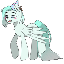 Size: 768x768 | Tagged: safe, artist:metaruscarlet, imported from derpibooru, oc, oc only, oc:minty fresh (ice1517), pegasus, pony, blushing, ear piercing, earring, female, hat, jewelry, mare, open mouth, party hat, piercing, raised hoof, simple background, solo, transparent background