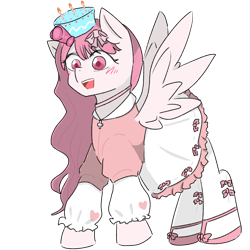 Size: 768x768 | Tagged: safe, artist:metaruscarlet, imported from derpibooru, oc, oc only, oc:pink cross, pegasus, pony, blushing, clothes, female, flats, hat, mare, nurse, nurse outfit, open mouth, party hat, shirt, shoes, simple background, skirt, solo, stockings, thigh highs, transparent background