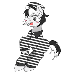 Size: 768x768 | Tagged: safe, artist:metaruscarlet, imported from derpibooru, oc, oc only, oc:bad karma, earth pony, pony, blushing, clothes, eye scar, female, hat, jumpsuit, mare, one eye closed, open mouth, prison outfit, prison stripes, raised hoof, scar, simple background, solo, transparent background, wink