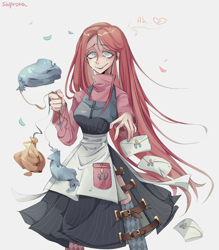 Size: 1400x1600 | Tagged: safe, artist:shpr0ta, imported from derpibooru, pinkie pie, human, apron, balloon, balloon popping, clothes, crying, defeated, dress, female, humanized, letter, long hair, pinkamena diane pie, popping, simple background, smiling, solo, white background