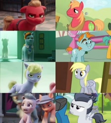 Size: 720x800 | Tagged: safe, imported from derpibooru, screencap, big macintosh, derpy hooves, rumble, snips, sprout cloverleaf, earth pony, pegasus, pony, unicorn, spoiler:my little pony: a new generation, colt, comparison, female, foal, g5, male, mare, my little pony: a new generation, not derpy, stallion, toots, unnamed character, unnamed pony