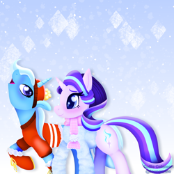 Size: 1080x1080 | Tagged: safe, artist:collie-calamari, imported from derpibooru, starlight glimmer, trixie, pony, unicorn, clothes, duo, female, hat, jacket, lesbian, scarf, shipping, snow, snowfall, startrix, walking, winter hat