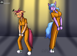 Size: 1925x1400 | Tagged: safe, artist:fours, artist:fourssss, imported from derpibooru, izzy moonbow, sunny starscout, anthro, earth pony, plantigrade anthro, unicorn, breasts, busty izzy moonbow, clothes, converse, cuffs, g5, jail, jumping, my little pony: a new generation, prison, prison outfit, prisoner, prisoner im, shoes, sneakers, sunny starscout is not amused, varying degrees of want