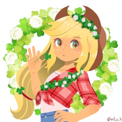 Size: 1024x1024 | Tagged: safe, artist:efuji_d, imported from derpibooru, applejack, equestria girls, clothes, cute, female, floral head wreath, flower, hand on hip, jackabetes, looking at you, plaid shirt, shamrock, shirt, simple background, solo, white background