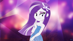 Size: 3840x2160 | Tagged: safe, artist:felux, imported from derpibooru, rarity, human, equestria girls, 4k, :j, abstract background, alternate hairstyle, bare shoulders, clothes, dress, female, high res, sleeveless, smiling, smirk, solo, strapless