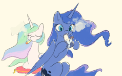 Size: 3000x1871 | Tagged: safe, artist:manicpanda, imported from derpibooru, princess celestia, princess luna, alicorn, pony, bong, drugs, duo, duo female, eyes closed, female, folded wings, g4, horn, lying down, marijuana, pillow, prone, siblings, simple background, sisters, sitting, smoke, smoking, white background, wings