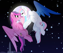 Size: 1280x1089 | Tagged: safe, artist:hate-love12, imported from derpibooru, skywishes, star catcher, pegasus, pony, deviantart watermark, flying, g3, g3 to g4, g4, generation leap, moon, night, obtrusive watermark, watermark