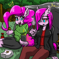 Size: 1280x1280 | Tagged: safe, artist:genericmlp, imported from derpibooru, pinkie pie, anthro, earth pony, blunt, cellphone, clothes, drugs, duality, jacket, munchies, open mouth, open smile, phone, pinkamena diane pie, red eyes, self ponidox, smiling, sweater