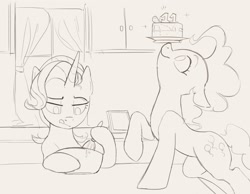 Size: 2415x1870 | Tagged: safe, artist:cadillac-dynamite, imported from derpibooru, pinkie pie, starlight glimmer, earth pony, pony, unicorn, baking, balancing, cake, food, mlp fim's eleventh anniversary, ponies balancing stuff on their nose, sketch