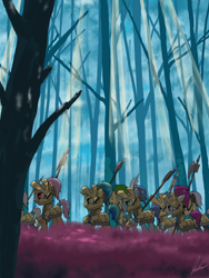 Size: 3000x4000 | Tagged: safe, artist:flaremoon, imported from derpibooru, oc, oc:mercury haze, earth pony, pegasus, pony, unicorn, armor, female, forest, guard, guardsmare, marching, mare, royal guard, tree, weapon
