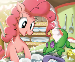 Size: 1024x848 | Tagged: safe, artist:neoshrek, imported from derpibooru, gummy, pinkie pie, alligator, earth pony, pony, bubble, cute, diapinkes, gummybetes, happy, washing