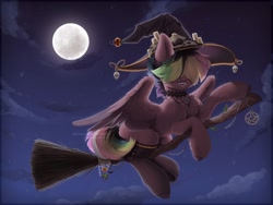 Size: 2560x1920 | Tagged: safe, artist:avroras_world, imported from derpibooru, oc, oc only, oc:walter evans, pegasus, pony, broom, candle, chest fluff, choker, clothes, cloud, flying, flying broomstick, halloween, hat, holiday, male, moon, multicolored mane, night, pegasus oc, pentagram, sky, socks, solo, witch hat