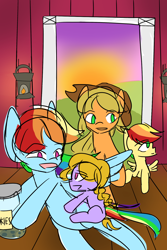 Size: 1000x1500 | Tagged: safe, artist:snowzaaah, imported from derpibooru, applejack, rainbow dash, oc, oc:cinnamon steam, oc:honeyspark, earth pony, pegasus, pony, appledash, colt, family, female, filly, lesbian, magical lesbian spawn, male, next generation, offspring, parent:applejack, parent:rainbow dash, parents:appledash, shipping, sweet apple acres