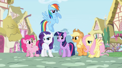 Size: 1920x1080 | Tagged: safe, imported from derpibooru, screencap, applejack, fluttershy, pinkie pie, rainbow dash, rarity, twilight sparkle, earth pony, pegasus, pony, unicorn, female, intro, mane six, opening, ponyville, unicorn twilight