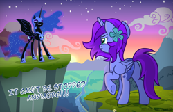 Size: 1100x709 | Tagged: safe, artist:jennieoo, imported from derpibooru, nightmare moon, oc, unnamed oc, alicorn, pony, alicorn oc, butt, dawn, duo, duo female, evil grin, female, frown, grin, horn, looking at each other, looking at someone, mare, mountain, plot, raised hoof, show accurate, signature, smiling, smug, spread wings, sunset, wings