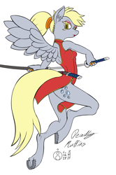 Size: 796x1200 | Tagged: safe, alternate version, artist:sepiakeys, imported from derpibooru, derpy hooves, anthro, unguligrade anthro, cheongsam, clothes, epic derpy, multiple variants, simple background, solo, sword, weapon, white background