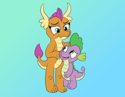 Size: 4380x3402 | Tagged: safe, artist:doodledonutart, imported from derpibooru, smolder, spike, dragon, cute, dragoness, duo, female, hug, male, ponytober, smolderbetes, spikabetes