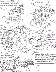 Size: 2417x3136 | Tagged: safe, artist:jamestkelley, imported from derpibooru, part of a set, pinkie pie, princess celestia, alicorn, pony, comic:princess pinkie's conquest of chaos, spoiler:comic57, alicornified, attack, blast, bondage, comic, everfree forest, flying, folded wings, high res, jewelry, landing, lying down, macro, magic, magic beam, magic blast, open mouth, part of a series, pinkiecorn, princess of chaos, race swap, regalia, speech bubble, spread wings, sticky hand, tied up, traditional art, wiggle, wings, xk-class end-of-the-world scenario