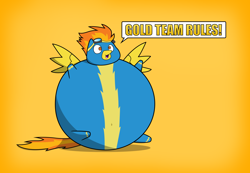 Size: 1300x900 | Tagged: safe, artist:citrusking46, imported from derpibooru, spitfire, pegasus, pony, alpha team blows, belly, belly button, big belly, fat, female, huge belly, impossibly large belly, mare, morbidly obese, obese, orange background, prehibernation week, round, short legs, simple background, solo, spitfatty, spongebob squarepants