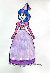 Size: 2268x3306 | Tagged: safe, artist:fude-chan-art, imported from derpibooru, twilight sparkle, equestria girls, clothes, dress, dressup, female, gown, hennin, high res, princess, traditional art