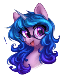 Size: 1616x1973 | Tagged: safe, artist:avrameow, imported from derpibooru, izzy moonbow, pony, unicorn, bust, cute, exclamation point, female, g5, glasses, happy, izzybetes, mare, my little pony: a new generation, open mouth, open smile, simple background, smiling, solo, white background