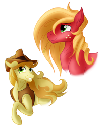 Size: 2888x3500 | Tagged: safe, artist:sixes&sevens, imported from derpibooru, big macintosh, braeburn, pony, alternate hairstyle, braeburn's hat, duo, freckles, hat, high res, long mane, raised hoof, simple background, smiling, white background