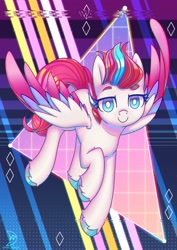 Size: 2480x3508 | Tagged: safe, artist:wavecipher, imported from derpibooru, zipp storm, pegasus, pony, colored eyebrows, colored pupils, colored wings, female, g5, glitch art, high res, looking at you, mare, my little pony: a new generation, no catchlights, raised eyebrow, signature, smiling, smiling at you, solo, triangle, unshorn fetlocks, white pupils, wings