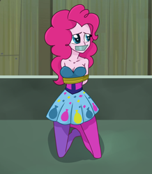 Size: 1484x1700 | Tagged: safe, artist:splendidbondage, imported from derpibooru, part of a set, pinkie pie, equestria girls, arm behind back, bare shoulders, bondage, bound and gagged, breasts, cleavage, clothes, female, gag, kneeling, pantyhose, rainbow rocks outfit, rope, rope bondage, set:rainbooms in bondage, skirt, sleeveless, solo, strapless, tape, tape gag, tied up