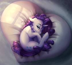 Size: 4096x3709 | Tagged: safe, artist:csox, imported from derpibooru, rarity, pony, unicorn, curled up, cute, female, heart, mare, meme, one eye closed, pillow, rariball, raribetes, smiling, solo