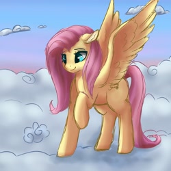 Size: 4096x4096 | Tagged: safe, artist:csox, imported from derpibooru, fluttershy, pegasus, pony, absurd resolution, cloud, cute, daaaaaaaaaaaw, female, floppy ears, mare, on a cloud, raised hoof, shyabetes, smiling, solo, spread wings, standing, three quarter view, wings