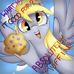 Size: 3000x3000 | Tagged: safe, artist:csox, imported from derpibooru, derpy hooves, pegasus, pony, cloud, dialogue, edwin starr, eye clipping through hair, eyebrows, eyebrows visible through hair, female, food, high res, looking at you, mare, muffin, open mouth, open smile, pun, sky, smiling, smiling at you, solo, song reference, spread wings, war, wings