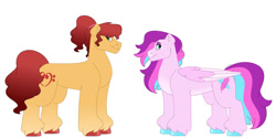 Size: 1280x640 | Tagged: safe, artist:itstechtock, imported from derpibooru, oc, oc only, oc:honey love, oc:taffeta, earth pony, pegasus, pony, female, half-siblings, mare, offspring, parent:feather bangs, parent:fond feather, parent:swoon song, parents:feathersong, parents:fondbangs, simple background, white background