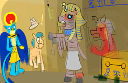 Size: 1280x832 | Tagged: safe, artist:horsesplease, imported from derpibooru, gallus, hitch trailblazer, sprout cloverleaf, earth pony, griffon, undead, bipedal, bottle, clothes, curse, cursed, derp, doodle, drunk, egypt, egyptian, egyptian pony, emperor sprout, eye of horus, g5, god, hieroglyphics, horrified, mummy, my little pony: a new generation, pharaoh, ra, robes, sad sprout, sarcophagus, scared, shocked, sprout gets what's coming to him, tomb, tunic, wtf man