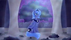 Size: 3840x2160 | Tagged: safe, artist:moonlightrift, imported from derpibooru, princess luna, alicorn, pony, canterlot castle, debris, depressed, destruction, high res, injured, night, s1 luna, sad, scratches, solo, throne room