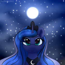 Size: 4096x4096 | Tagged: safe, artist:darbedarmoc, imported from derpibooru, princess luna, alicorn, pony, absurd resolution, bust, crown, female, front view, horn, jewelry, mare, moon, night, peytral, regalia, solo, stars, teal eyes
