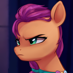 Size: 2800x2800 | Tagged: safe, artist:maren, imported from derpibooru, sunny starscout, earth pony, pony, angry, bust, female, frown, g5, glare, high res, mare, my little pony: a new generation, serious, serious face, solo, sunny starscout is not amused, unamused