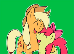 Size: 1200x868 | Tagged: safe, artist:caluriri, imported from derpibooru, apple bloom, applejack, earth pony, pony, adorabloom, cute, duo, duo female, eyes closed, female, filly, green background, hug, jackabetes, mare, open mouth, open smile, siblings, simple background, sisters, smiling, sweet dreams fuel