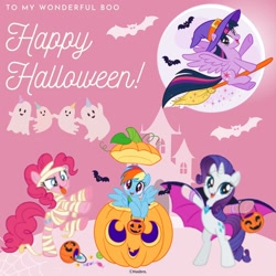 Size: 1080x1080 | Tagged: safe, artist:mylittleponyjpn, imported from derpibooru, part of a set, pinkie pie, rainbow dash, rarity, twilight sparkle, alicorn, bat, earth pony, ghost, pegasus, pony, undead, unicorn, bipedal, broom, clothes, costume, female, flying, flying broomstick, halloween, halloween costume, hat, holiday, jack-o-lantern, moon, mummy costume, official, pumpkin, pumpkin bucket, twilight sparkle (alicorn), vampire costume, witch costume, witch hat