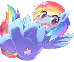 Size: 1200x1000 | Tagged: safe, artist:leo19969525, imported from derpibooru, rainbow dash, pegasus, pony, backwards cutie mark, blushing, cute, cute little fangs, dashabetes, fangs, female, heart eyes, looking at you, mare, open mouth, simple background, solo, white background, wingding eyes