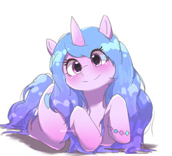 Size: 1100x1000 | Tagged: safe, artist:leo19969525, imported from derpibooru, izzy moonbow, pony, unicorn, cute, female, g5, izzybetes, looking at you, lying down, mare, my little pony: a new generation, prone, simple background, solo, white background