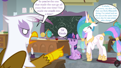 Size: 1920x1080 | Tagged: safe, artist:facelessjr, imported from derpibooru, gilda, princess celestia, twilight sparkle, alicorn, griffon, alternate hairstyle, apple, astronomy, book, bookshelf, carpet, chalk, chalk drawing, chalkboard, cutie mark, desk, dialogue, expressions, feather, female, food, globe, grin, happy birthday mlp:fim, horn, ink, jewelry, mlp fim's eleventh anniversary, nervous, nervous grin, regalia, show accurate, sitting, skub, smiling, talons, traditional art, trio, trio female, twilight sparkle (alicorn), vector