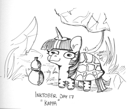 Size: 2086x1791 | Tagged: safe, artist:tjpones, imported from derpibooru, twilight sparkle, original species, youkai, black and white, female, grayscale, inktober, inktober 2021, kappa, monochrome, solo, species swap, traditional art, twiggie