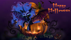 Size: 4500x2560 | Tagged: safe, artist:martazap3, imported from derpibooru, nightmare moon, alicorn, pony, bat wings, candy, dark magic, female, food, halloween, holiday, horn, jack-o-lantern, lollipop, magic, mare, mouth, night, pumpkin, solo, teeth, wings