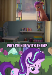 Size: 519x743 | Tagged: safe, edit, edited screencap, imported from derpibooru, screencap, applejack, fluttershy, pinkie pie, rainbow dash, rarity, starlight glimmer, sunny starscout, twilight sparkle, earth pony, pony, unicorn, student counsel, spoiler:g5, spoiler:my little pony: a new generation, caption, female, g5, image macro, mane six, mare, my little pony: a new generation, sad, sad pony, sadlight glimmer, solo, text, toy