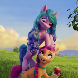 Size: 804x804 | Tagged: safe, imported from derpibooru, screencap, izzy moonbow, sunny starscout, earth pony, pony, unicorn, spoiler:my little pony: a new generation, apple, cropped, cute, duo, female, food, g5, izzybetes, looking at each other, looking out for you, mare, my little pony: a new generation, sunnybetes